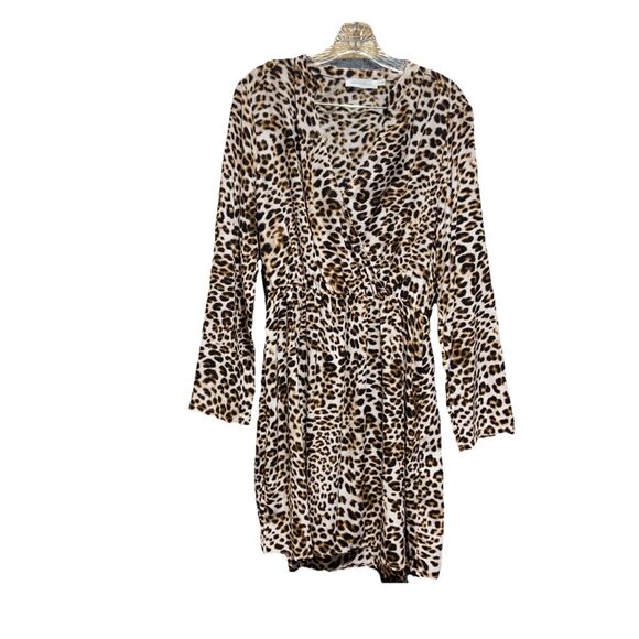 All In Favor Dress Women Size Large Brown Animal Print Long Sleeve Elastic Waist - Picture 2 of 9